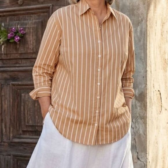 J. Jill Tops - J. Jill Oversized Cotton Button Up Shirt 3X Tan Striped Coastal Grandmother Boho